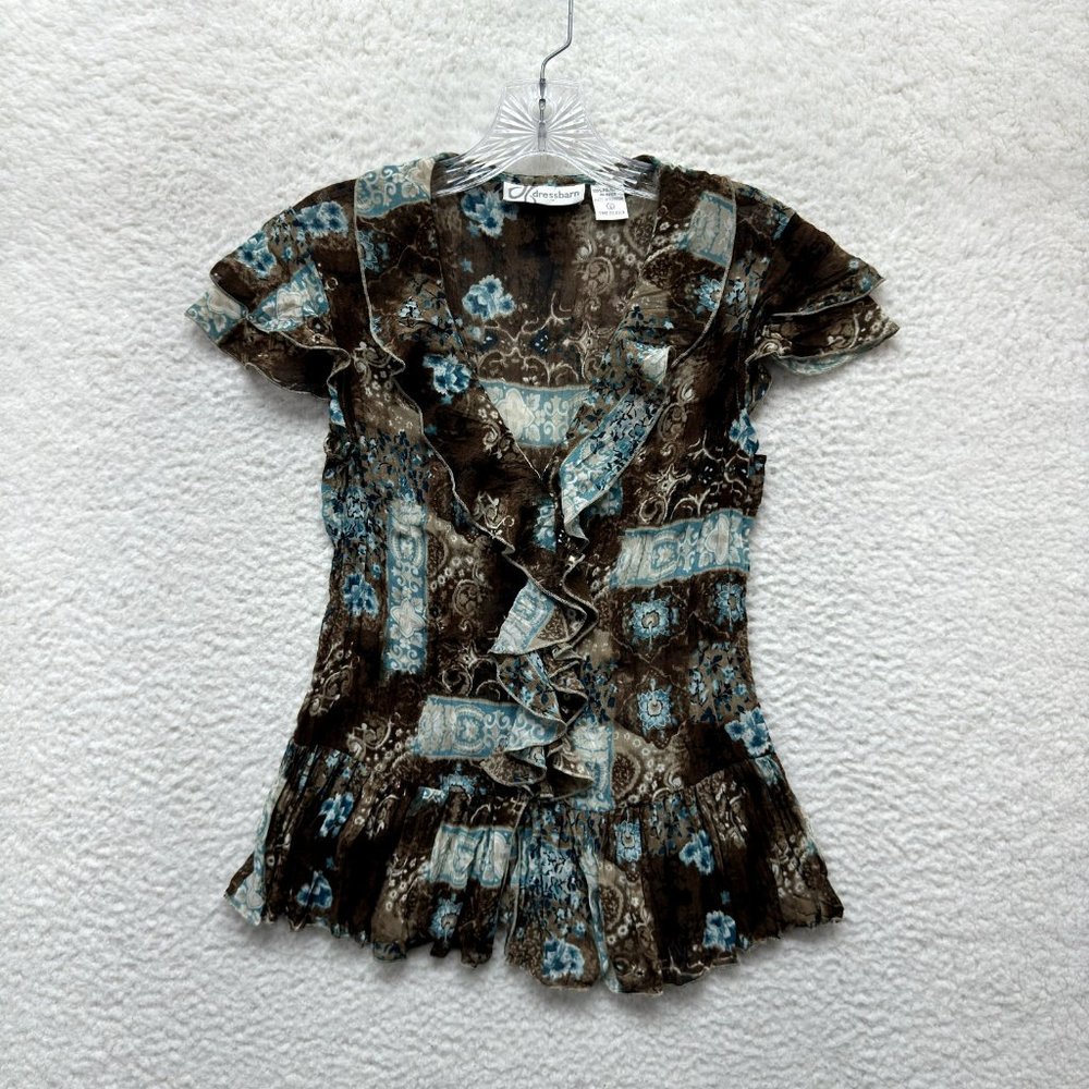 Y2K Vintage Dressbarn Boho Grunge Blouse S Small Blue Brown Pattern Mesh Ruffle